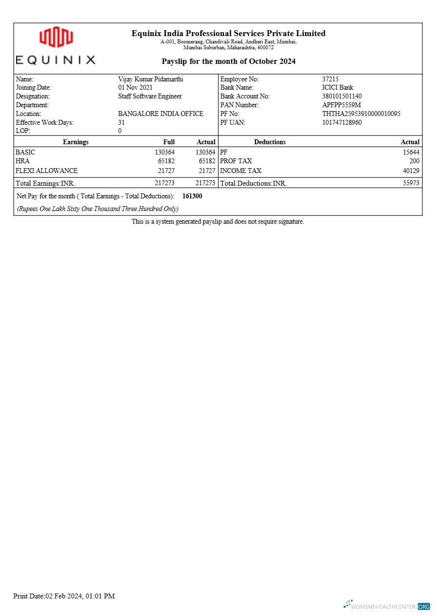 Download Equinix India Professional Services payslip template in Word and PDF formats.pdf, 1 Photoshop template
